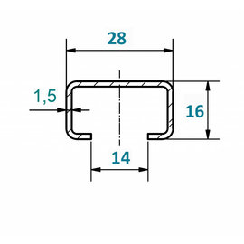 Versandmetall C-profiel klein 1,5 mm H = 16 mm breedte 28 mm L = 1000 - 2500 mm roestvrij staal