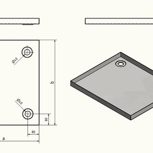 Versandmetall Edelstahl Duschwanne, Duschtasse { R1A } 1,5mm, INNEN  Schliff K320, Tiefe  730 mm, Breite 900 mm,  2 Ablaufbohrungen,  Höhe 60mm