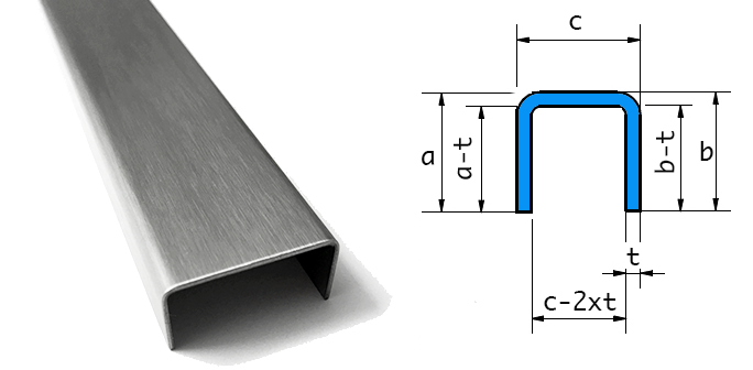 Mentor suspensie drempel U-profiel gemaakt van 2 mm roestvrij staal binnenafmetingen axcxb  25x18x25mm, oppervlakteafwerking K320 1000 mm lang - Versandmetall
