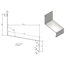 Versandmetall Grote dakrandplaat RVS 1.4301 buiten K320 100/150/50, 1,0 mm, lengtes 1000, 1250, 1500, 2000, 2500 mm