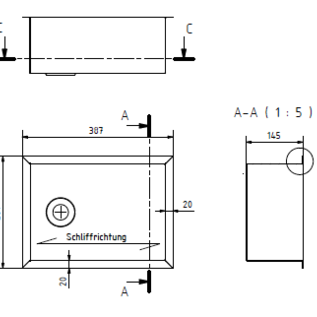 Versandmetall RVS wastafel, camperverlenging {R3B} 1,5 mm omlopende rand 20 mm, BINNENKANT K320, breedte 250 mm, incl. Rand 287 mm, lengte 350 mm, incl. Rand 387 mm, diepte 145 mm