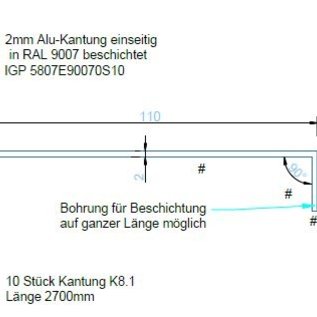 Versandmetall Speciale hoekset ALU raw 90° gevouwen, t=2,0 mm, zichtzijde BUITEN deel 1: asb: 110x20 mm, lengtes: 10 x 1500 mm / 10 x 1800 mm deel 2: axb: 140x20 mm, lengtes: 10 x 1500 mm / 10 x 1800 mm Deel 3-5 volgens tekening, inclusief boringen en versteksneden