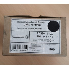 Versandmetall RESTPOSTEN Lagerauflösung: 500 Stück, Flachkopfschrauben mit Flansch, galv. verzinkt, M4 - 0.7 x 16, verschiedene Hersteller: Foto dient zur Anschauung und Kartons können beschädigt sein.