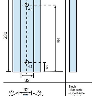 Versandmetall Speciaal profiel "kort" volgens de schets, materiaal: RVS V2A, geborstelde korrel 320, plaatdikte 1,0 mm, axcxb: 15x32x15 mm, lengte: 630mm, incl. 4,5 mm boringen zonder verzinking volgens de schets