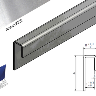 Versandmetall RESTERENDE VOORRAAD [11B] Set van 2 glasrandprofielen 1,5 mm RVS buiten K320 voor 8 mm glas ongelijkgerand, lengte 1000 mm