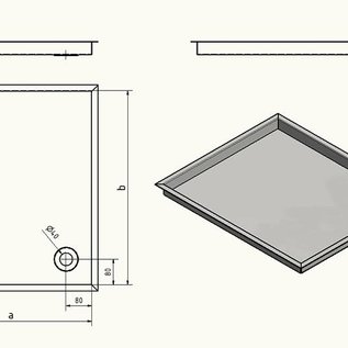 Versandmetall Receveur de douche inox spécial, receveur de douche {R3A} Bord d'entourage 1,5 mm selon croquis, coupe INTÉRIEURE K320, dimensions extérieures avec bord 635 mm x 595 mm, 1 trou d'évacuation selon croquis, hauteur 80 mm