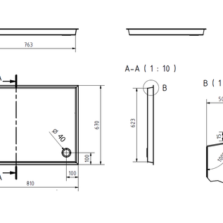 Versandmetall -Roestvrijstalen douchebak, douchebak, James Cook { R3A-BE52986_10P0101 } 1,5 mm, INSIDE cut K320, diepte 643 (670) mm, breedte 783 (810) mm, 1 afvoergaten, hoogte 50 mm