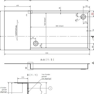 Versandmetall 2-delige RVS douchebak {R4A}, materiaaldikte 1,5mm, INSIDE cut K320, afmetingen 884,5x543mm (plus 30mm rand), hoogte 80mm, 2 afvoergaten