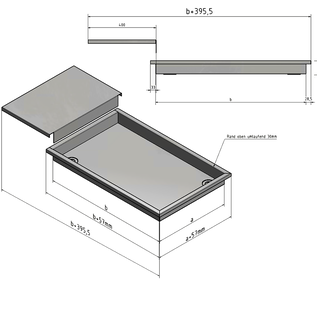 Versandmetall 2-teilige Edelstahl Duschwanne { R4A }, Materialstärke 1,5mm, INNEN  Schliff K320, Maße 884,5x543mm (zzgl 30mm Rand), Höhe 80mm, 2 Ablaufbohrungen