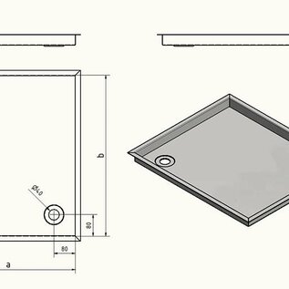 Versandmetall Receveur de douche en acier inoxydable spécial, receveur de douche {R3A} Épaisseur du matériau 1,5 mm, découpe INTÉRIEURE K320, dimensions 700 mm x 700 mm plus bord périphérique de 20 mm d'un côté, 2 trous d'évacuation, hauteur 30 mm