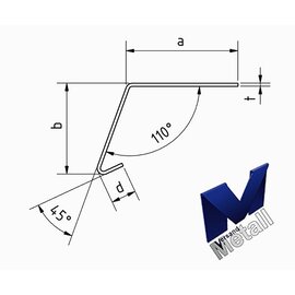 Versandmetall RVS hoek 110° met druiprand binnen 1.0 mm asb 150x50mm L tot 2500 mm kap K320