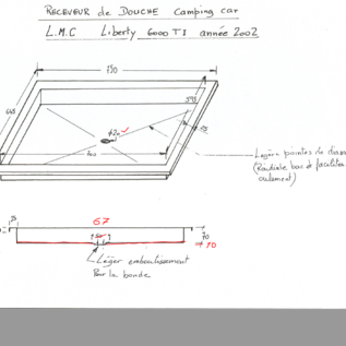 Versandmetall Speciaal - RVS douchebak, douchebak { R3A } 1,5 mm volgens schets, BINNENKANT snede K320, buitenafmetingen 750x645 mm, (703x598 mm) diepte 70 mm (binnenzijde 68,5 mm), omtreksrand 25 mm, 10 mm aan alle zijden dubbelzijdig, 1 afvoergat d = 20 mm d2 67 mm v