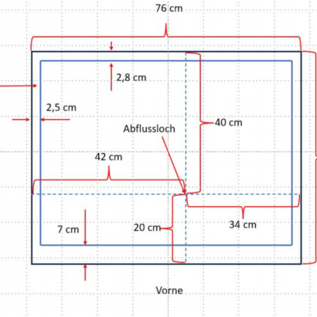 Versandmetall Sonder - Edelstahl Duschwanne, Duschtasse { R3A } 1,5mm nach Skizze, INNEN Schliff K320, Aussenmaße 760x600mm,  (678x505mm) Tiefe 130 mm (innen 128,5mm) , umlaufender Rand  ,1 Ablaufbohrung gemäß Skizze