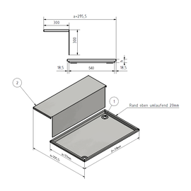 Versandmetall RVS douchebak, 2-delig {R4A}, materiaaldikte 1,5mm, INSIDE cut K320, afmetingen 884,5x543mm (plus 30mm rand), hoogte 80mm, 2 afvoergaten - Copy