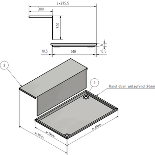 Versandmetall 2-delige RVS douchebak {R4A}, materiaaldikte 1,5mm, INSIDE cut K320, afmetingen 884,5x543mm (plus 30mm rand), hoogte 80mm, 2 afvoergaten - Copy