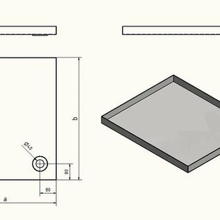 Versandmetall RVS douchebak, douchebak { R1A } 1,5 mm, BINNENKANT snede K320, diepte 900 mm, breedte 900 mm, 1 of 2 afvoergaten, hoogte 60 mm