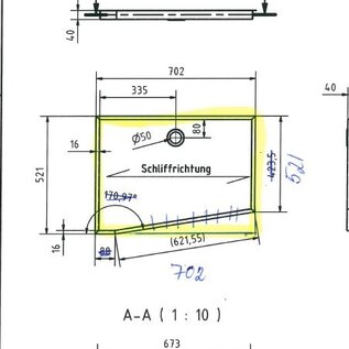 Versandmetall Receveur de douche inox, receveur de douche { R3A } 1,5mm, coupe INTÉRIEUR K320, a=521mm xb=702mm, 1 trou d'évacuation hauteur 40mm mm selon croquis