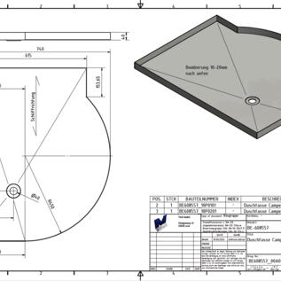 Versandmetall Edelstahl Duschwanne, Duschtasse { R3A } 1,5mm , INNEN Schliff K320, Maße 915x750mm, Höhe 30mm 1 Ablaufbohrung nach Skizze, kein umlaufender Rand! , Bombierung ca 10 mm, Rundung nach Skizze