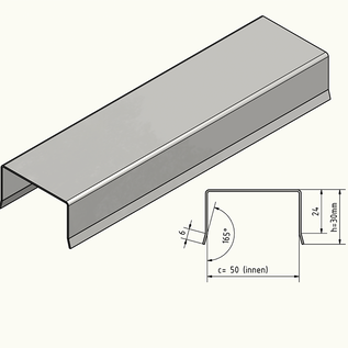 Versandmetall RVS schuttingafdekprofiel U-profiel binnen 50 mm 1.4301 geborsteld/geslepen korrel 320