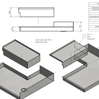 Versandmetall Receveur de douche spécial en acier inoxydable, receveur de douche { R3A } épaisseur du matériau 1,5 mm, coupe INTÉRIEUR K320, dimensions env. 685x 780 mm, y compris bord environnant 1x trou d'évacuation hauteur 60 mm, selon croquis, plan d'approbation ap