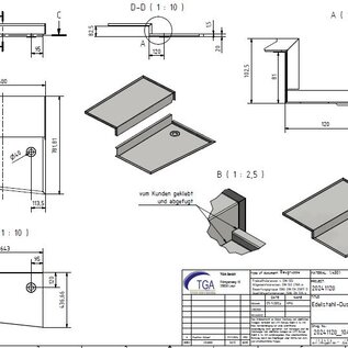 Versandmetall RVS douchebak, 2-delig { R4A }, materiaaldikte 1,5mm, BINNENZIJDE snede K320, afmeting b=680xa=707mm (inclusief 20mm rand), hoogte 20mm, 1 afvoergat