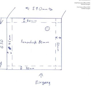 Versandmetall Sonder - Edelstahl Duschwanne, Duschtasse { R3A } 1,5mm , INNEN Schliff K320, Maße inkl Rand: 590x630mm, Innentiefe 80 mm, umlaufender Rand gemäß Skizze, Ablauf oben rechts.