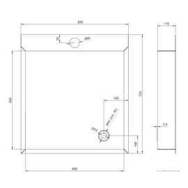 Versandmetall Speciaal - douchebak van roestvrij staal, douchebak {R3A} 1,5 mm, INTERNE slijping K320, afmetingen inclusief rand: 655x725 mm, diepte 110 mm, rondomlopende rand 27,5 mm volgens tekening, afvoer rechtsonder
