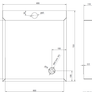 Versandmetall Sonder - Edelstahl Duschwanne, Duschtasse { R3A } 1,5mm , INNEN Schliff K320, Maße inkl Rand:655x725mm, Tiefe 110 mm, umlaufender Rand 27,5mm gemäß Skizze, Ablauf unten rechts - Prägung VM_Standard