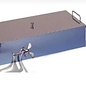Versandmetall - Speciale set van 5 roestvrijstalen bakken met deksels, { R1 } 1,5 mm, buitenslijping K320 560x230 mm hoogte 120 mm, met 2 opvouwbare handgrepen en een handgreep bovenop