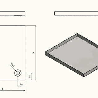 Versandmetall Edelstahl Duschwanne, Duschtasse { R3 } 1,5mm, INNEN  Schliff K320, 550x700mm, Höhe 50mm, 1 Abläuf in der Ecke