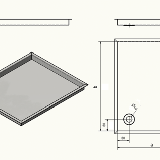 Versandmetall Receveur de douche spécial en acier inoxydable, base de douche {R3A} 1,5 mm, ponçage INTÉRIEUR K320, dimensions avec bord : 590x630 mm, profondeur intérieure 80 mm, bord périphérique selon croquis, évacuation en haut à droite. - Copy