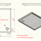 Versandmetall Sonder - Edelstahl Duschwanne, Duschtasse { R3A } 1,5mm , INNEN Schliff K320, Maße exkl. Rand: 400x600mm, Höhe  20 mm, umlaufender Rand gemäß Skizze, inkl. 2x Ablaufgarnitur Dometic 90°
