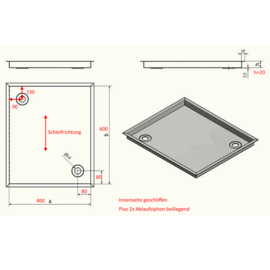 Versandmetall Sonder - Edelstahl Duschwanne, Duschtasse { R3A } 1,5mm , INNEN Schliff K320, Maße exkl. Rand: 400x600mm, Höhe  20 mm, umlaufender Rand gemäß Skizze, inkl. 2x Ablaufgarnitur Dometic 90°