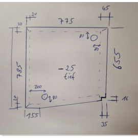 Versandmetall Speciaal - RVS douchebak, douchebak { R3A } 1,5mm, INTERNE slijping K320, afmetingen inclusief rand: 655x785mm, hoogte 25mm, rondom rand volgens tekening, inclusief 2x afvoerfittingen Dometic 90°