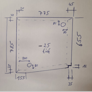 Versandmetall Sonder - Edelstahl Duschwanne, Duschtasse { R3A } 1,5mm , INNEN Schliff K320, Maße inkl. Rand: 655x785mm, Höhe  25 mm, umlaufender Rand gemäß Skizze, inkl. 2x Ablaufgarnitur Dometic 90°