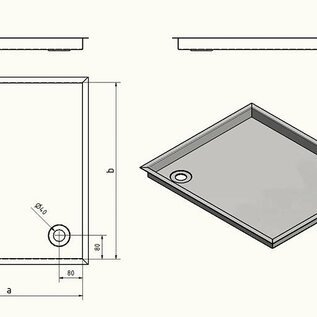 Versandmetall Edelstahl Duschwanne, Duschtasse  1,5mm  umlaufender Rand 3x 20 +1x40mm, INNEN  Schliff K320, Tiefe ab  500 mm, Breite  ab  600 mm, 1 oder 2 Ablaufbohrungen, verschiedene Höhen
