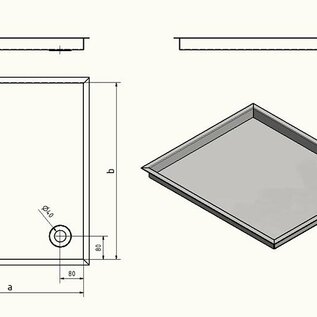 Versandmetall Edelstahl Duschwanne, Duschtasse  1,5mm  umlaufender Rand 3x 20 +1x40mm, INNEN  Schliff K320, Tiefe ab  500 mm, Breite  ab  600 mm, 1 oder 2 Ablaufbohrungen, verschiedene Höhen