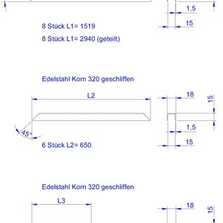 Versandmetall -Ensemble (26 pièces) profilés en U en acier inoxydable EXTÉRIEUR grain 320 1,5 mm axcxb 15x18x15 mm profilés sciés à onglet, pour 4 cadres extérieurs 8x1519 mm, 8x2940 mm (fendus) et 1 cadre intérieur 6x650 mm, 4x325 mm