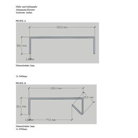 Versandmetall -Set deksel gemaakt van 2mm aluminium, geanodiseerd profiel A 4x1500mm, 30x120x30mm, profiel B 2x1500mm, 30x100x25,5mm afgeschuind 10mm