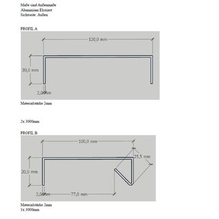 Versandmetall -Set Abdeckung aus 2mm Aluminium,Eloxiert  Profil A  4x1500mm, 30x120x30mm ,Profil B 2x1500mm, 30x100x25,5mm abkantung 10mm