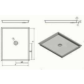 Versandmetall Speciaal - RVS douchebak, douchebak {R3A} 1,5mm, INTERNE slijping K320, afmetingen inclusief rand: 780x680mm, hoogte 30mm, omlopende rand 20mm, 1 afvoer in het midden