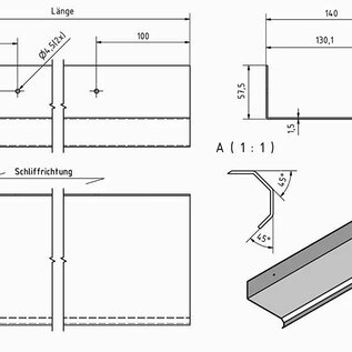 Versandmetall RESTERENDE VOORRAAD Stabiele roestvrijstalen plaat RVS keukenplank fijn gemalen korrel 320 (zichtzijde) variant 3, materiaaldikte 1,5 mm, lengte 1500 mm, afmetingen volgens schets ZONDER beschermfolie