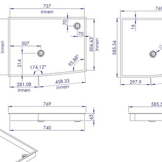 Versandmetall Sonder - Edelstahl Duschwanne, Duschtasse { R3A } 1,5mm , INNEN Schliff K320, Maße inkl. Rand: 769x585mm, Höhe 65mm,umlaufenden Rand 16mm, 2 Ablaufbohrungen