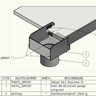 Versandmetall Regengoot glazen dak 13mm en 18mm, speciale afvoer - eindstuk met afvoermondstuk d=60,3mm - van roestvrij staal 1.4301 buitenslijping K320