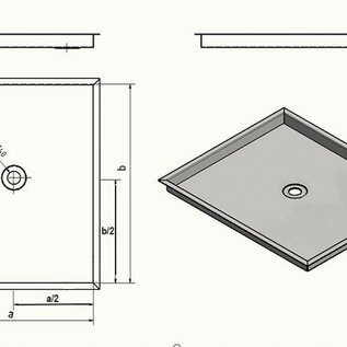Versandmetall Douchebak van roestvrij staal, douchebak {R3A} 1,5 mm, buitenafmetingen: lengte 780 mm, breedte 674 mm, hoogte 30 mm met omlopende rand 20 mm, welving ca. 10 mm, afvoer in het midden