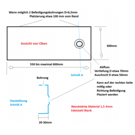Versandmetall Sonder Edelstahlwanne, { R1A-1} 1,5mm, INNEN Schliff K320, Tiefe 300 mm, Breite 600 mm, 1x Ablaufbohrung in der Ecke , Höhe 30mm 2 Befestigungsbohrungen d=6,5mm