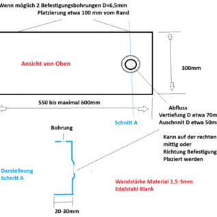 Versandmetall Sonder Edelstahlwanne, { R1A-1} 1,5mm, INNEN Schliff K320, Tiefe 300 mm, Breite 600 mm, 1x Ablaufbohrung in der Ecke , Höhe 30mm 2 Befestigungsbohrungen d=6,5mm