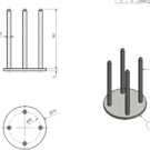 Versandmetall Becher- und Deckelhalter für Deckel mit Ø 75 oder 80mm, bestehend aus einer Grundplatte und vier Rundstäben (Ø 10 mm) aus geschliffenem Edelstahl, Höhe 166 mm.