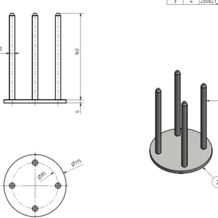 Versandmetall Becher- und Deckelhalter für Deckel mit Ø 75 oder 80mm, bestehend aus einer Grundplatte und vier Rundstäben (Ø 10 mm) aus geschliffenem Edelstahl, Höhe 166 mm.