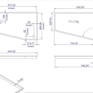 Versandmetall Speciale aanbieding - 2 roestvrijstalen douchebakken, douchebodems {R3A} 1,5 mm, binnenzijde K320 geborstelde afwerking, 16 mm rand, 45 mm hoogte, afmetingen bak 1 - 521x705 mm, afmetingen bak 2 - 516x969 mm, afvoer zoals aangegeven op de schets